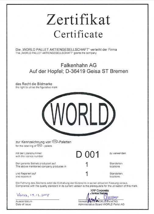 Verleihungsurkunde WORLD PALLET AG